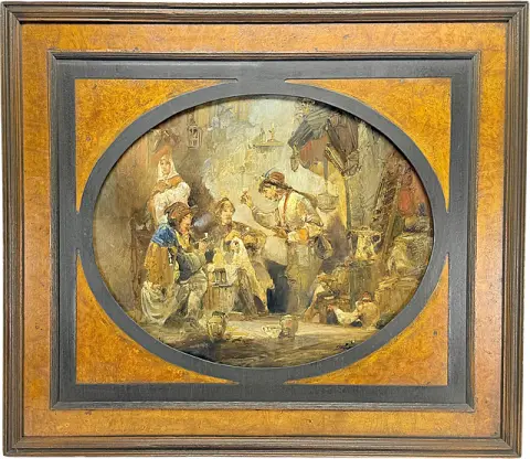 Genreschilder, boerenkamer met drinkers, olieverfschilderij in ovale compositie met brede lijst