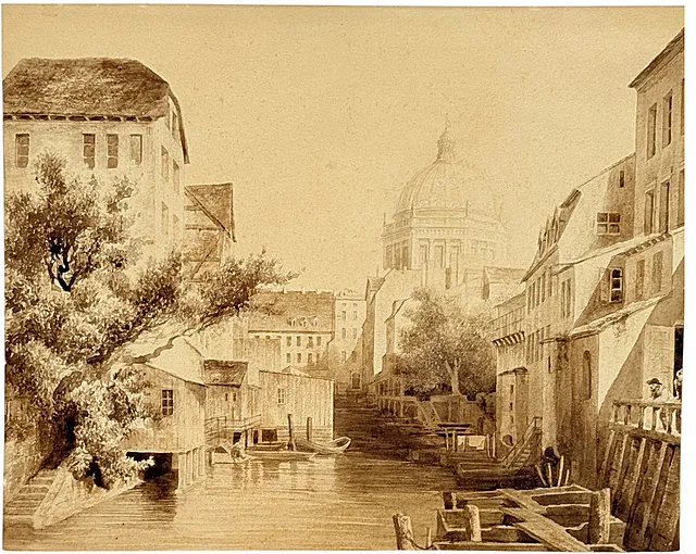 Kanalansicht, Blick über einen Stadtkanal mit Kähnen, Holzschuppen am Ufer und Kuppelbau, Vedute