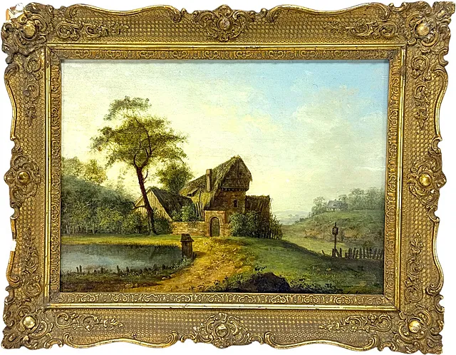 Paisaje con granja, casa de entramado de madera con tejado de paja junto a un estanque, en marco de lujo, siglo XIX