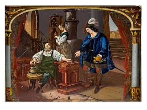 "Des Goldschmieds Töchterlein" naar Ludwig Uhland, goudsmederij met ridder, in een pronklijst