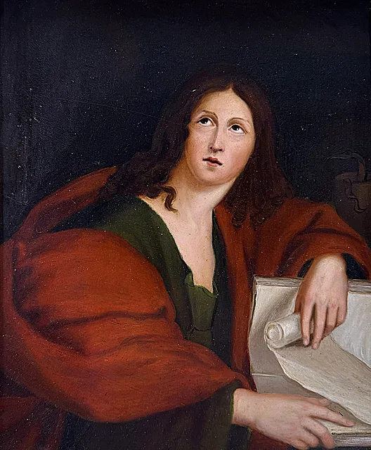 Sakralmaler, Johannes der Evangelist mit Schriftrolle und Kelch, nach Domenichino, im Prunkrahmen