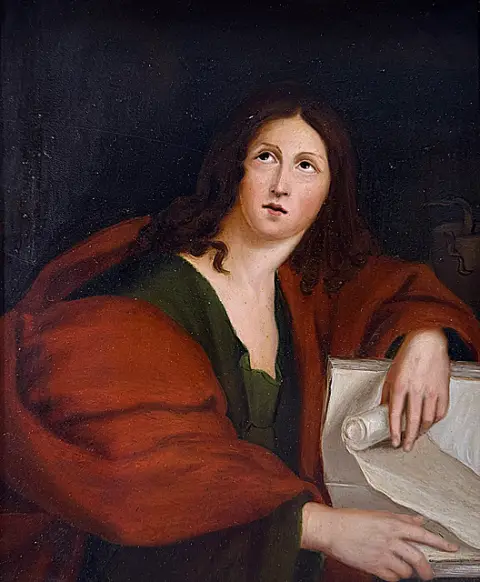 Sakrale schilder, Johannes de Evangelist met boekrol en kelk, naar Domenichino, in een pronklijst