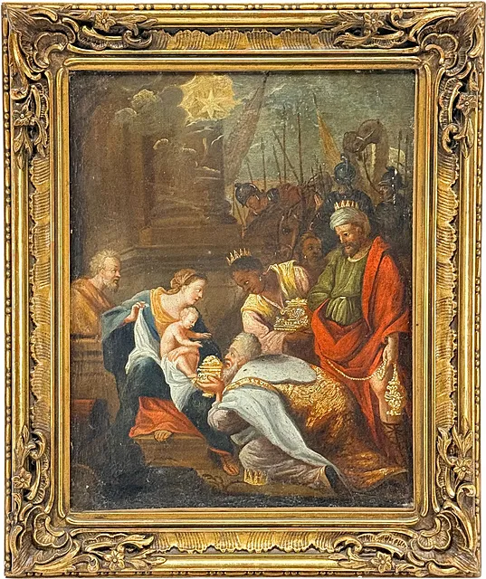 Escena bíblica, Adoración de los Reyes Magos, óleo de viejo maestro en formato de gabinete