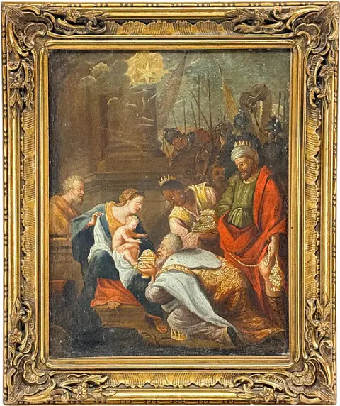 Bijbelse scène, Aanbidding der Wijzen, oud meester olieverfschilderij in kabinetformaat