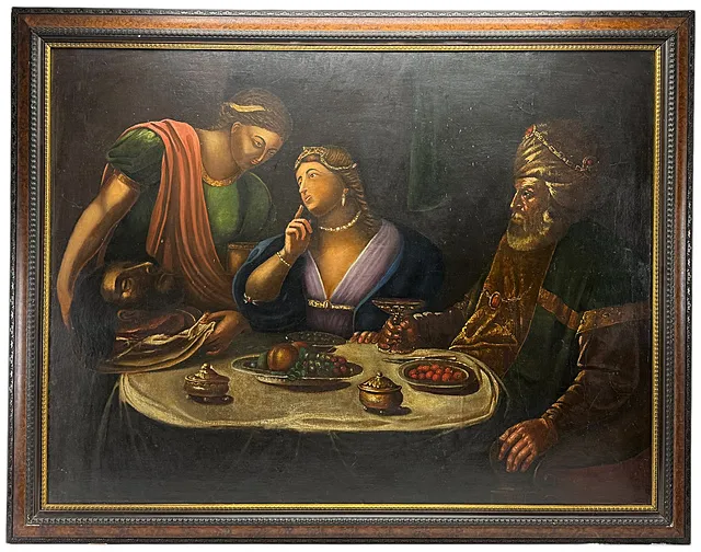 Salome met het hoofd van Johannes de Doper, feestmaal van Herodes, groot olieverfschilderij