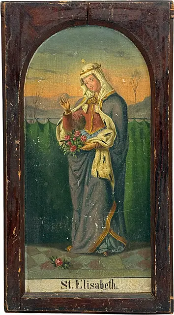 H. Elisabeth met het rozenwonder, devotiebeeld in boogvormige lijst, vermoedelijk 19e eeuw