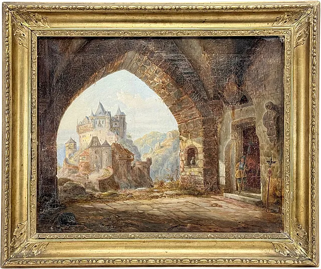 « Vue à travers l'arche », halle gothique avec garde et château sur le rocher, romantisme de château