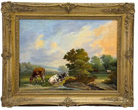 Landschapsschilder 19e eeuw, met bomen omzoomd weiland met vee aan het water
