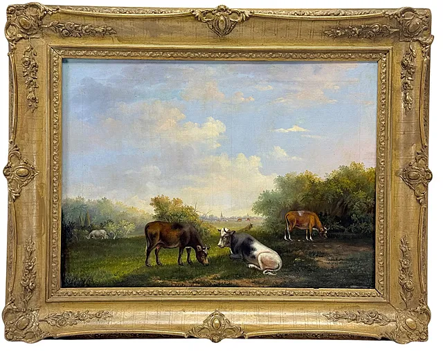 Landschapsschilder 19e eeuw, weiland met grazend vee en zicht op een dorp