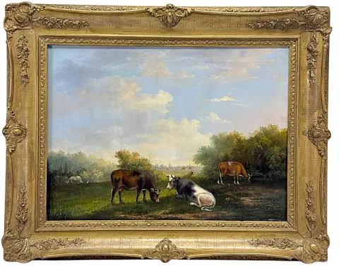 Landschapsschilder 19e eeuw, weiland met grazend vee en zicht op een dorp