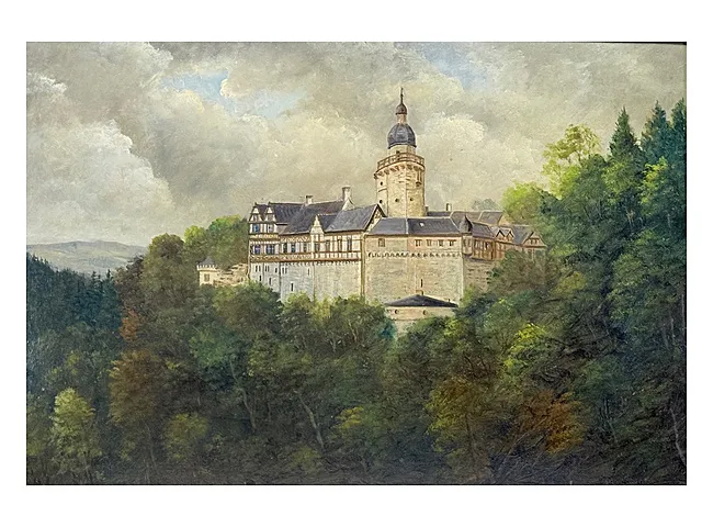 Nikolaus Gumberger, Blick auf Burg Falkenstein im Harz, Vedute mit Höhenburg über Mischwald, 19. Jh.