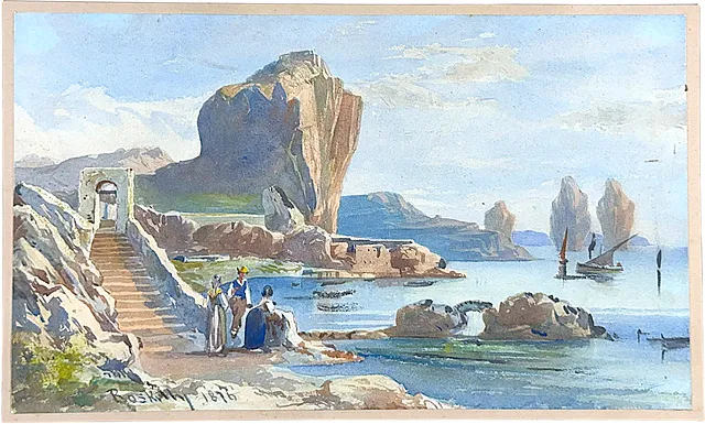 Roskilly, Italiaans landschap, aquarel van een rotskust met vissersboten, 1876