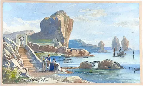 Roskilly, Italiaans landschap, aquarel van een rotskust met vissersboten, 1876