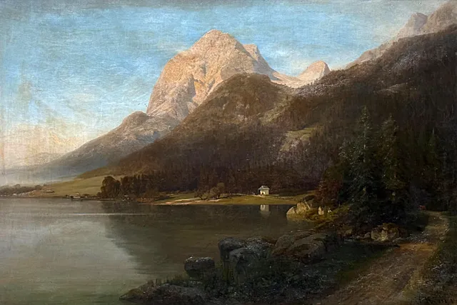 Hermann Krüger, Alpenlandschaft am Hintersee mit Kapelle im Abendlicht, Düsseldorfer Schule