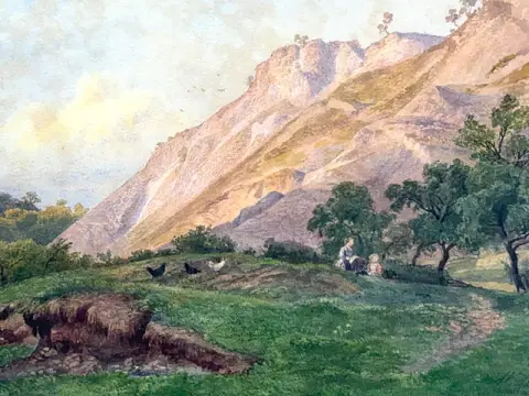 Wilhelm Streckfuß, Der Abendberg in Questenberg, Harzlandschap in aquarel, 1881
