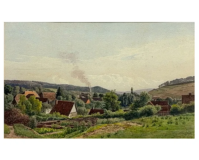 Wilhelm Streckfuß, Driburg/Harz, dorpsgezicht met vakwerkschuur en schuren, aquarel 1887