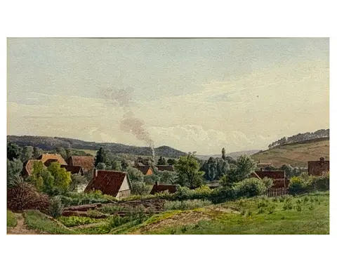Wilhelm Streckfuß, Driburg/Harz, dorpsgezicht met vakwerkschuur en schuren, aquarel 1887