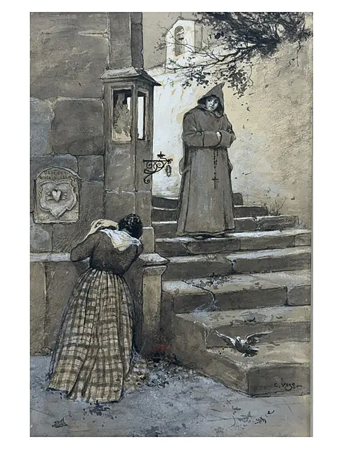 Carl Leopold Voss, Herzeleid, monnik en vrouw bij de stenen trap met wegkruis, Münchense schilder