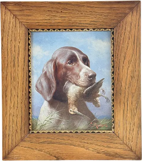 Carl Reichert, jagthund med sneppe i gabet, stående hund i græslandskab, kabinetbillede