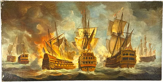 Maffei, bataille navale avec vaisseaux de ligne du XVIIe siècle et navire en feu, marine grand format