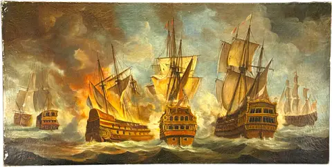 Maffei, søslag med linjeskibe fra 1600-tallet og brændende skib, marinemaleri i stort format