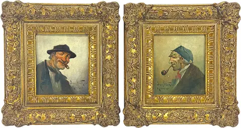 Georg Günther München, to karakterhoveder med pibe og cigar, kabinetbilleder i pragtramme