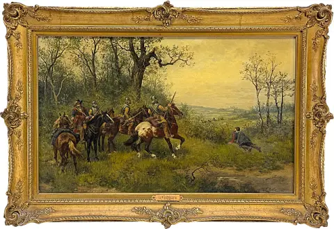Ludwig Gedlek, spejder og ryttergruppe i vidt landskab, olie på lærred, Wien