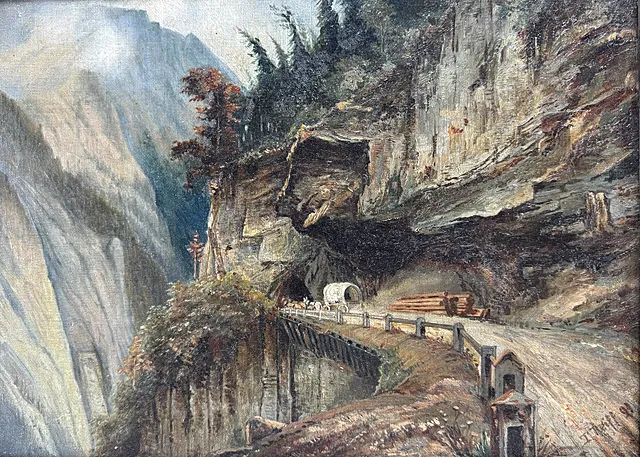 T. Reiff, »Via Mala«, overdækket vogn på pasvejen i Viamala-kløften, Graubünden, 1891