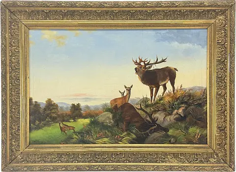 G. Winkelmann, brølende hjort med flok i bjerglandskab, dyrestykke, dateret 1892