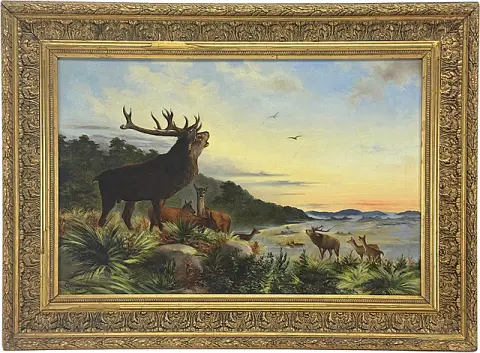G. Winkelmann, brølende hjort over bred dal i aftenrøde, dyremaleri, dateret 1894