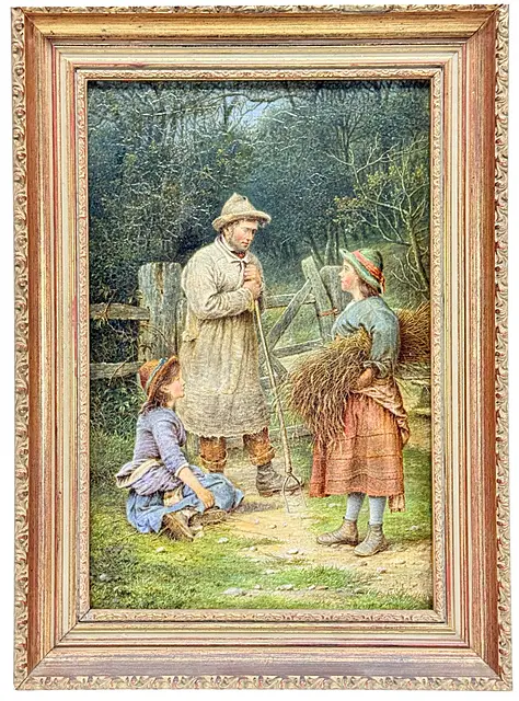 William H. Ward, »Landliv«, bondeægtepar med datter ved lågen, engelsk genremaleri, 1895