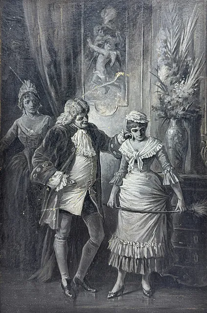 G. Alberti, Galante Szene im Boudoir, Herr mit Perücke und Dienstmädchen mit Staubwedel, Grisaille