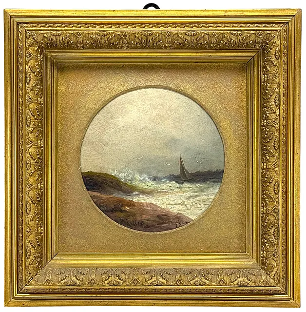Anna Blaschke, Mer agitée, tableau rond avec voilier et ressac sur une côte rocheuse, vers 1900