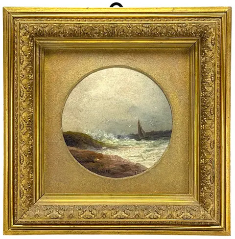 Anna Blaschke, stormfuldt hav, rundt billede med sejlbåd og brænding ved klippekyst, omkring 1900