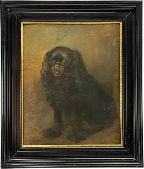 G. Rienäcker, hundportræt af en siddende sortbrun spaniel, dyremaleri