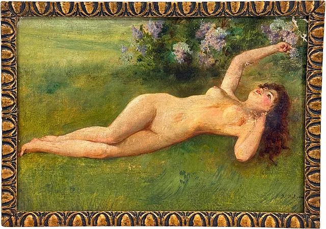 Bela Belavary, liggende kvindelig akt under blomstrende syren, kvindeakt på grøn eng, omkring 1900