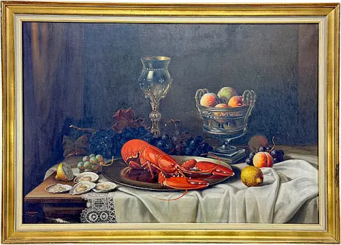 Antonio Rudolphi, stort stilleben med hummer og frugter, omkring 1900