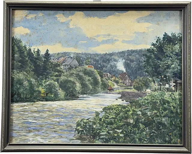 Hermann Ritzau, pohled na Harz, vesnice u řeky v zalesněném údolí, krajina düsseldorfské školy