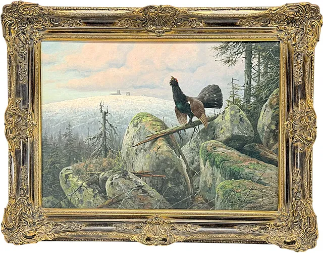 Carl Zimmermann, tjur i spil for den vinterlige Brocken i Harz, jagtmaleri