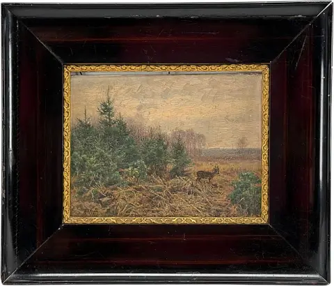 Hermann Ritzau, open plek met ree, olie op houten paneel, Düsseldorfse school