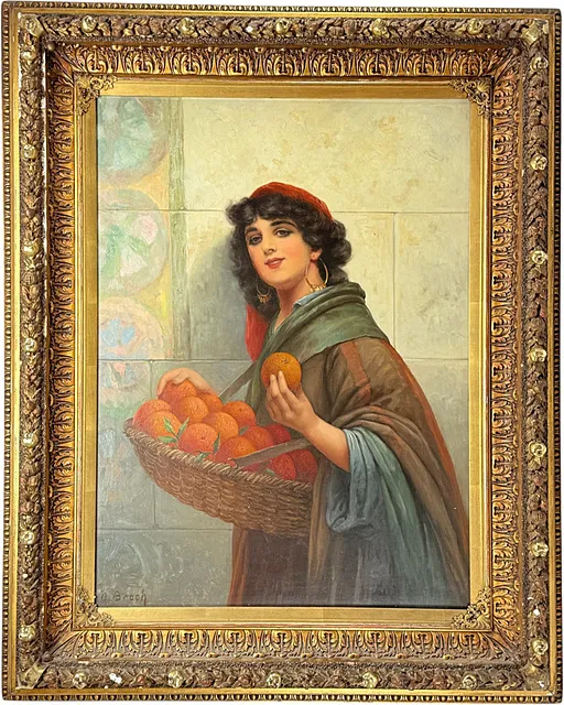 Alois Broch, „Prodavačka pomerančů“, mladá žena s košem pomerančů, žánrový obraz v honosném rámu