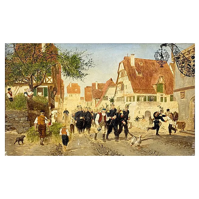 Naar Carl Röchling, 'Der Marsch durch das Heimatdorf', soldaten met pickelhaube in een vakwerkdorp