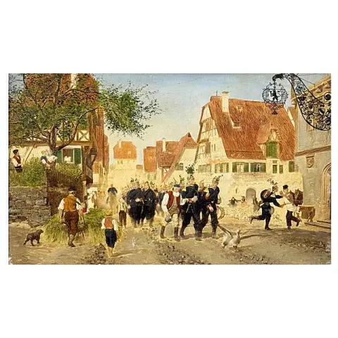 Naar Carl Röchling, 'Der Marsch durch das Heimatdorf', soldaten met pickelhaube in een vakwerkdorp