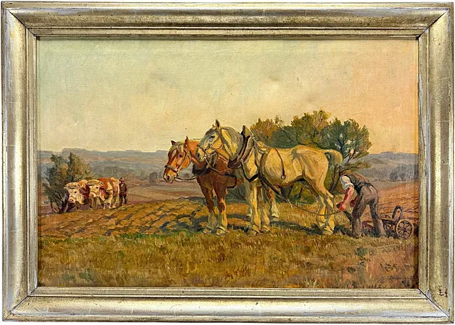 Otto Zinsmeister, Bauer mit Zugpferden am Räderpflug, Rindergespann auf dem Acker, Genremalerei