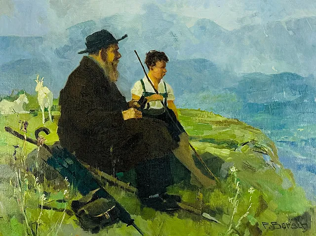 Fritz Bersch, herders rustend op de alpenweide, bebaarde herder en jongen met geiten voor een alpenpanorama