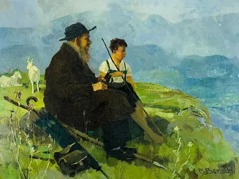 Fritz Bersch, herders rustend op de alpenweide, bebaarde herder en jongen met geiten voor een alpenpanorama