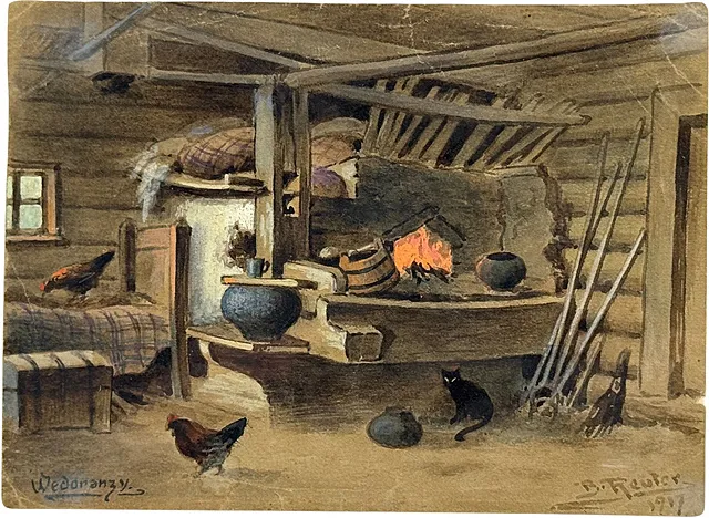 B. Reuter, Russische kamer in Wedoranzy, gemengde techniek op papier, gedateerd 1917