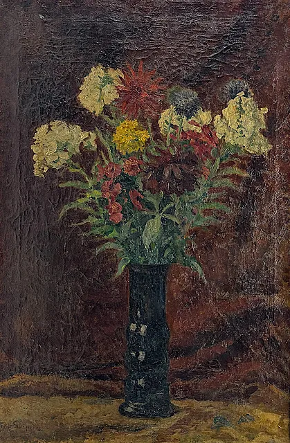 Friedrich Schaper, Blumenstillleben mit Dahlien, Disteln und weißen Blumen in hoher Glasvase, 1918