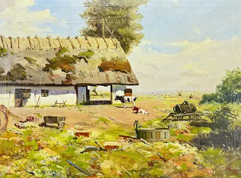 Boerderij met koeien, erf met rieten dak, open schuilplaats en houten trog, boers genrestuk