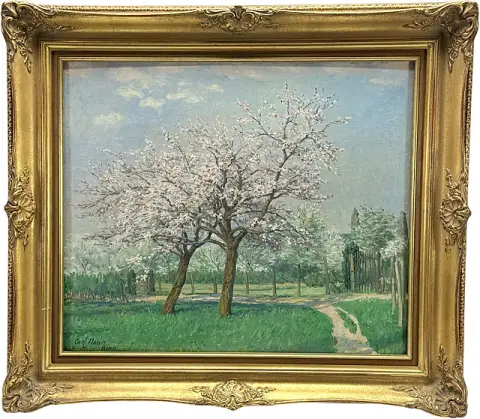 Carl Nonn, "Am Feldrand", lentelandschap met bloeiende bomen langs een veldweg, schilder uit Bonn